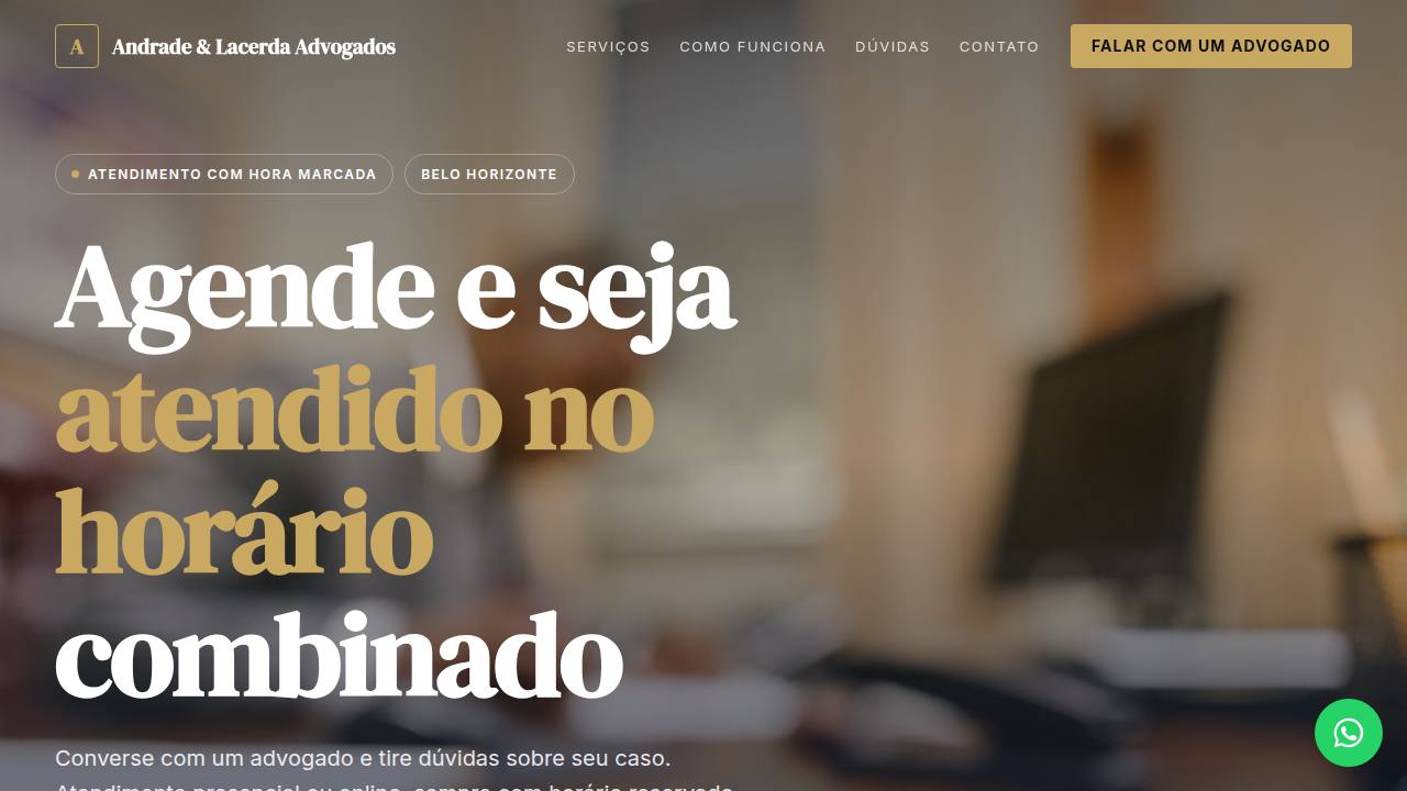 Site de exemplo de um escritório de advocacia, sóbrio e com detalhes dourados