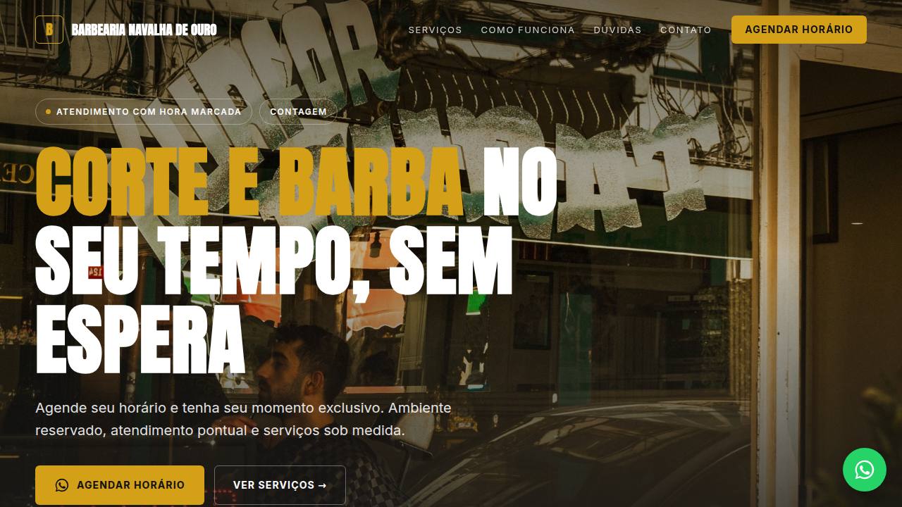 Site de exemplo de uma barbearia, com fundo escuro e título em letras grandes