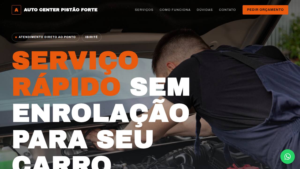 Site de exemplo de uma oficina mecânica, escuro com destaque laranja