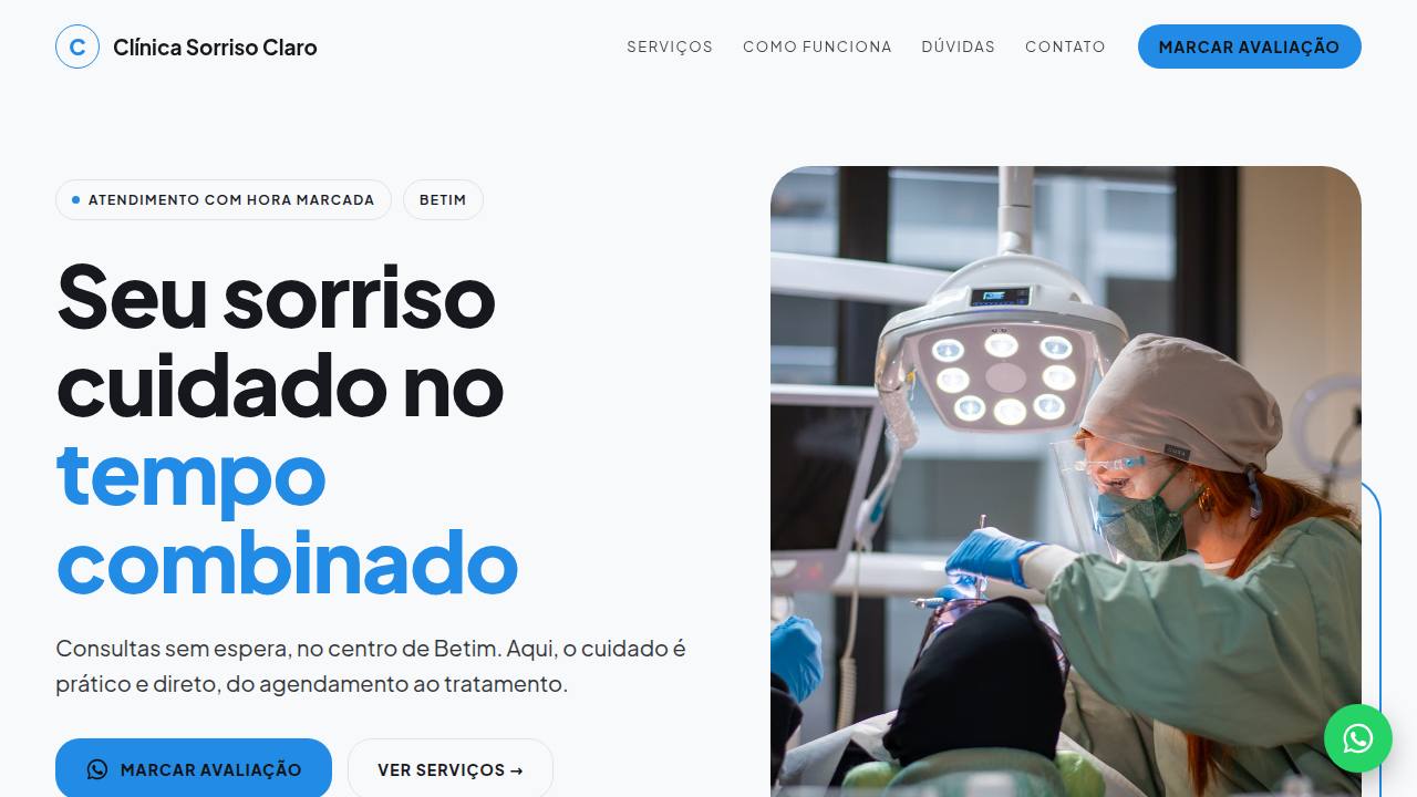 Site de exemplo de uma clínica odontológica, claro e com foto do consultório