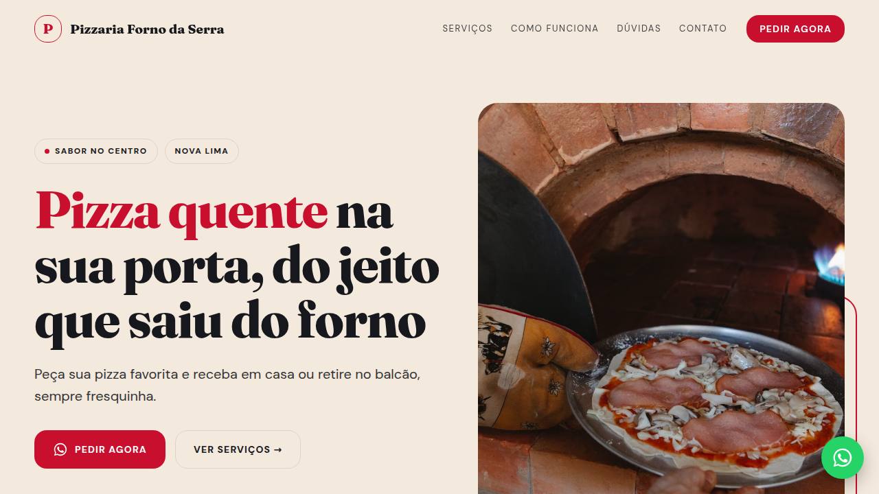 Site de exemplo de uma pizzaria, com foto de pizza saindo do forno