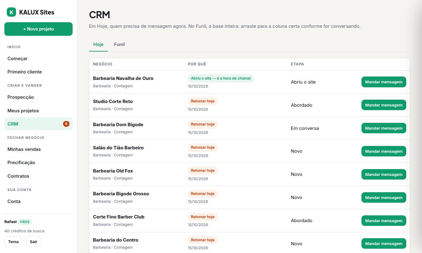 CRM na aba Hoje: negócios com o motivo do contato e botão Mandar mensagem