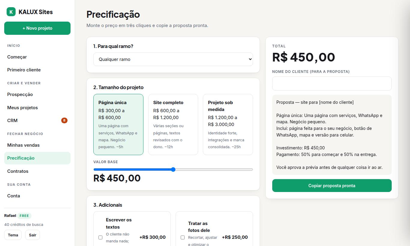 Tela de precificação: tamanho do projeto, valor base e proposta pronta para copiar