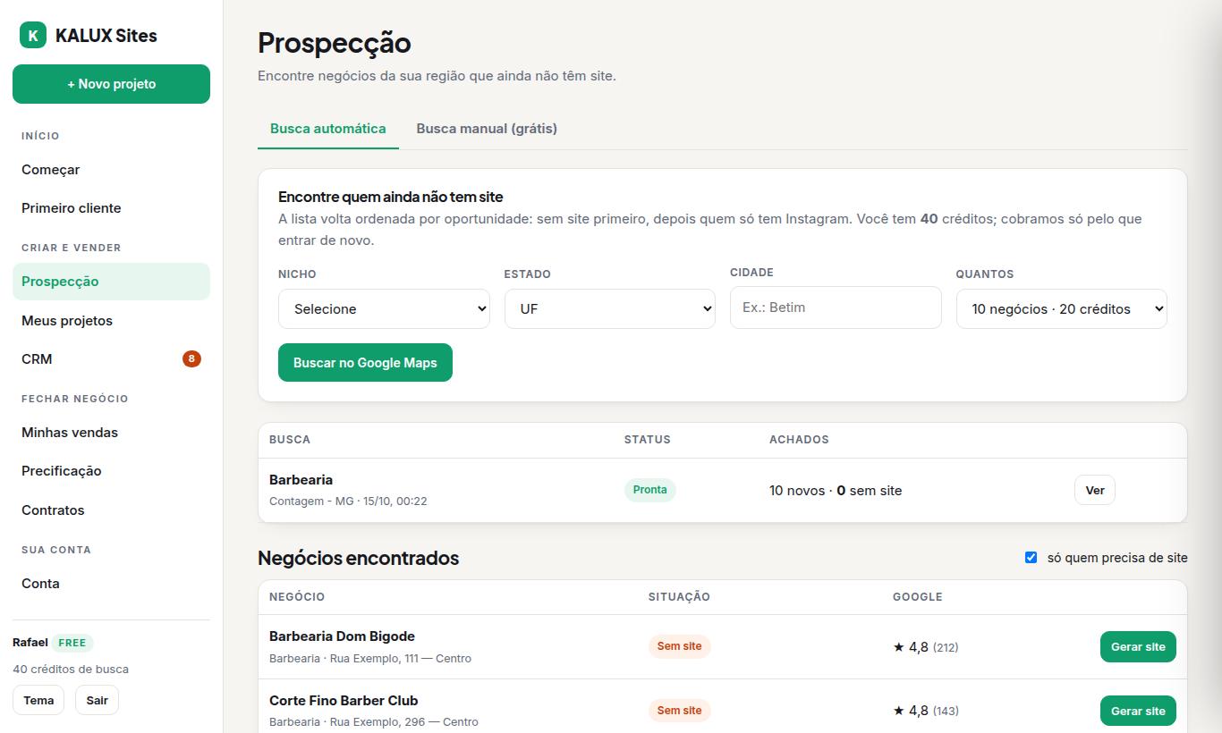 Tela de prospecção: filtro por nicho, estado e cidade e lista de negócios sem site com nota do Google